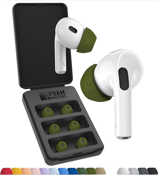 Foam Masters Ultra-Premium Memory Foam Ear Tips for AirPods Pro 1st & 2nd Gen | 3 Pairs | New Ver. | Secure Fit | Super Comfort | Better Noise Cancel | Replacement Buds (Large, OD Green)