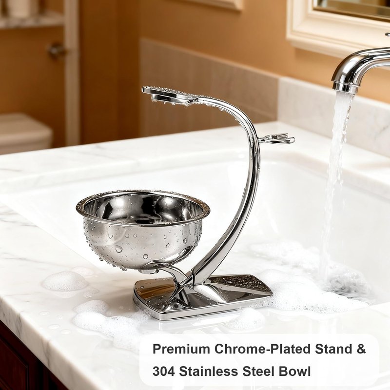 GRUTTI Shaving Bowl and Stand Set with Magnetic Base - 304 Steel Bowl & Chrome-Plated Alloy Stand, All-in-One Storage, Fits Most Razors & Brushes (Bowl & Stand Only)