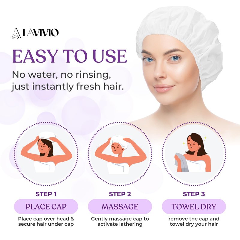 LAVIVIO No Rinse Shampoo Caps – Waterless Hair Washing Shower Caps for Bedridden Patients, Elderly & Hospital Use – Disposable Rinseless Conditioning Bathing Supplies with Aloe Vera, Vitamins - 6 Pack