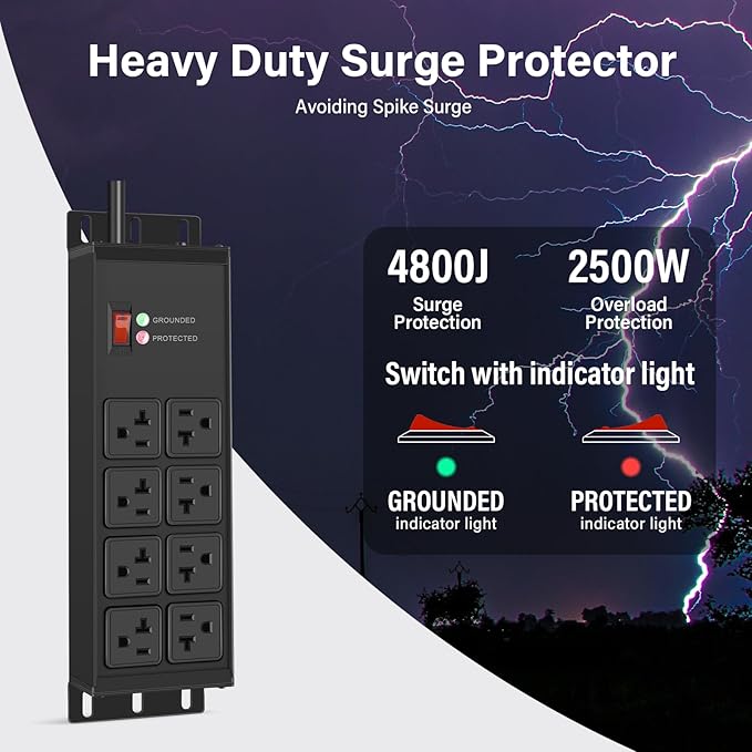 CCCEI Heavy Duty Power Strip Surge Protector 20 AMP Switch, 12 Gauge Extension Cord with Multiple Outlets, Industrial, Shop, Garage High Amp Wall Mount Electric Extender. 25FT, Black.