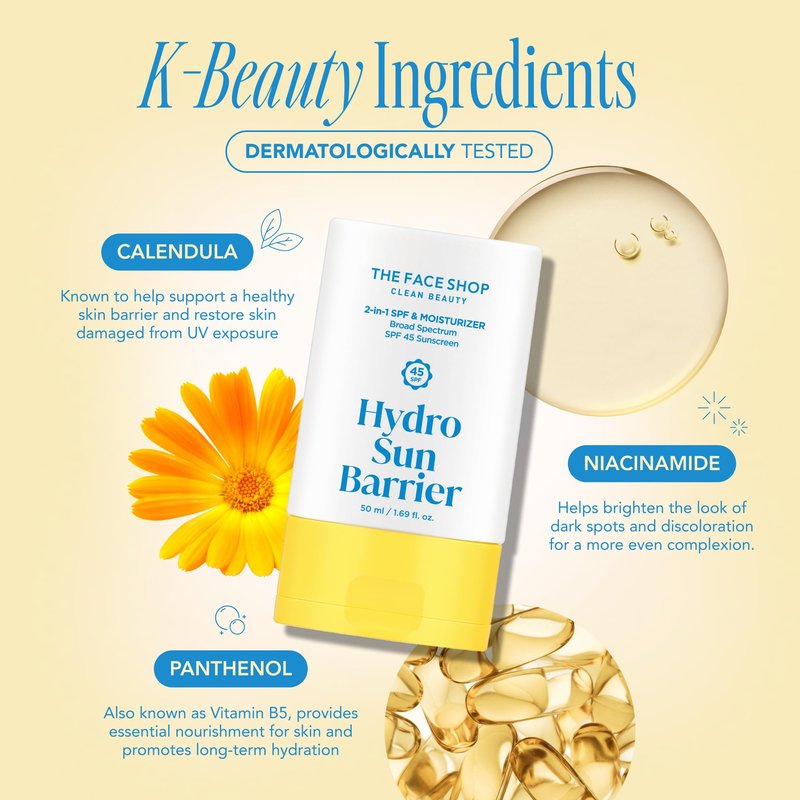 THE FACE SHOP Hydro Sun Barrier, SPF 45 Daily Facial Sunscreen & Moisturizer, for Oily Skin, Formulated with Calendula & Niacinamide, No White Cast, 1.69 Fl. Oz.