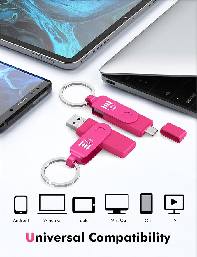 MOSDART 256GB USB 3.2 Fast Speed C and A Dual Flash Drive, exFAT Memory Stick with Keychain and LED Indicator, for iPhone 15,16,17, Android Phone, iPad, MacBook, and Other Laptops, Hot Pink