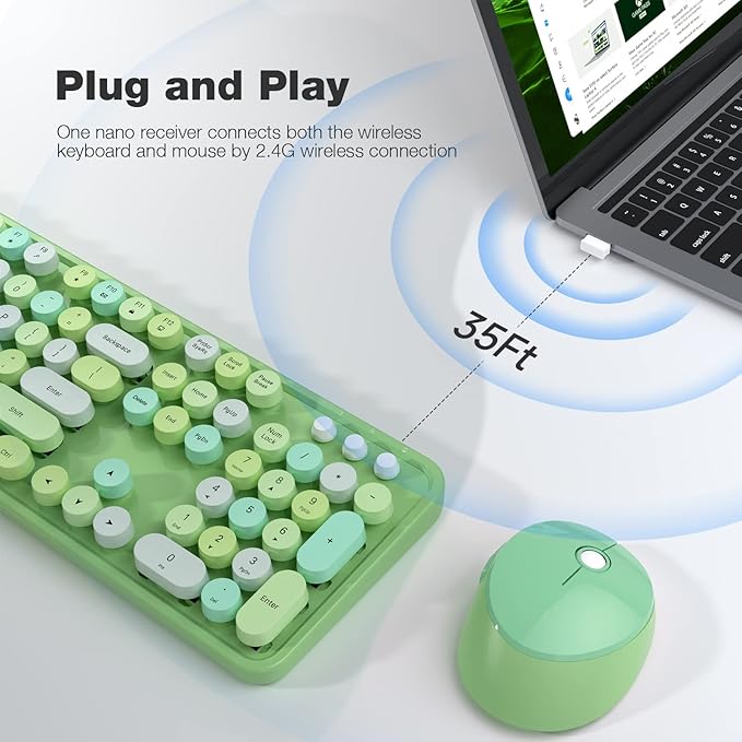 KNOWSQT Wireless Keyboard and Mouse Combo, Green 104 Keys Full-Sized 2.4 GHz Round Keycap Colorful Keyboards, USB Receiver Plug and Play, for Windows, Mac, PC, Laptop, Desktop