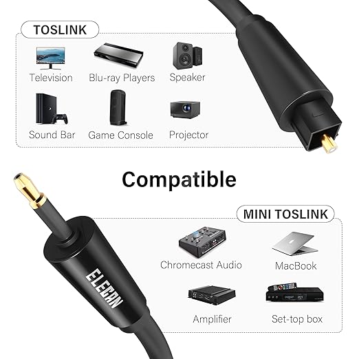 Elecan Mini Toslink to Toslink Digital Optical S/PDIF Audio Cable 4 Ft, Gold Plated Soft Flexible Fiber Optic Cable,Signal Protection PVC,Surround Sound for Soundbar,Home Theater,Hi-Fi System+Ties MI