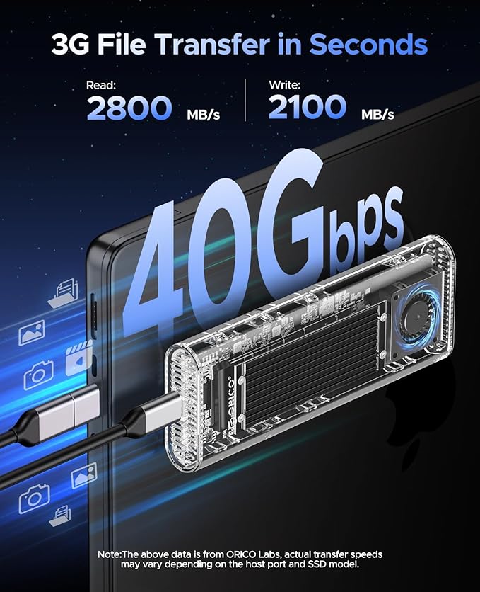 ORICO 40Gbps M.2 NVMe SSD Enclosure with Built-in Cooling Fan, Tool-Free, Support 2230 2242 2260 2280(M Key), Compatible with Thunderbolt 4/3 USB4/3.2-TCM2U4-BLACK