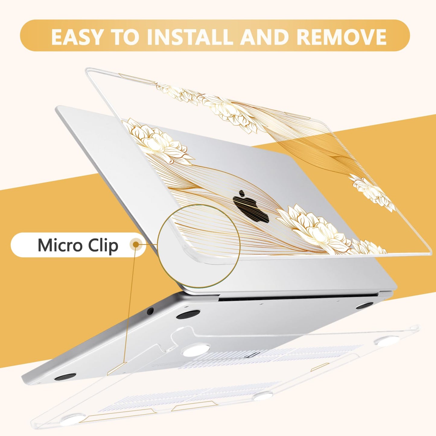 MecBevia Compatible with MacBook Air 13.6 inch Case, M4 A3240/M3 A3113/M2 A2681 (Released 2025 to 2022), Hard Shell, Keyboard Cover, Screen Protector, Webcam Cover & Type-C Adapter, Gold Lace Flower