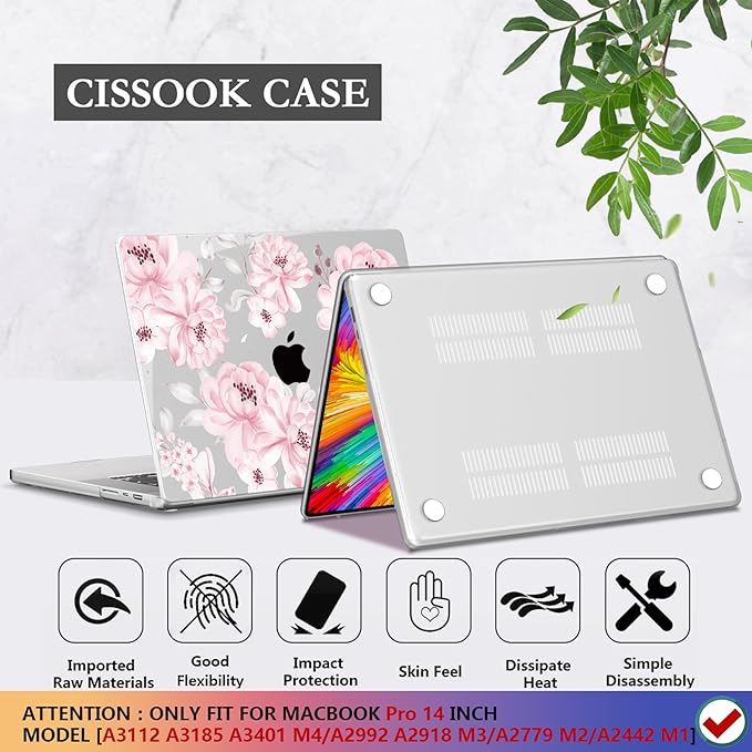 CISSOOK Compatible with MacBook Pro 14 inch 2026-2021 Release M5 M4 M3 M2 M1 Chip A3434 A3427 A3426 A3112 A3185 A3401, Hard Shell Case Keyboard Cover Screen Protector, Cute Pink Flower