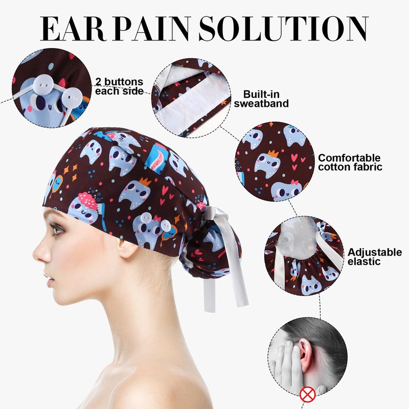 Tisancy 12 Pcs Dental Scrub Cap for Women Nurse Cap with Button Adjustable Dentist Surgical Hat Long Hair Ponytail Pouch Hat(Cute Style) Colorful