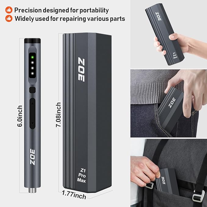 ZOE Mini Electric Screwdriver Set, 3 Torque (0.15-0.5N·m) + LED Light, 500mAh USB-C,42 S2 Steel Bits, Precision Repair Kit for Laptop/Camera/Electronics