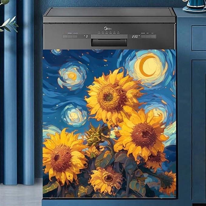 Farmhouse Sunflower Dishwasher Covers for The Front, Starry Night Style Flowers Dishwasher Sticker, Sunflower Painting Fridge Skins Cover - 23" W x 26" H Ordinary