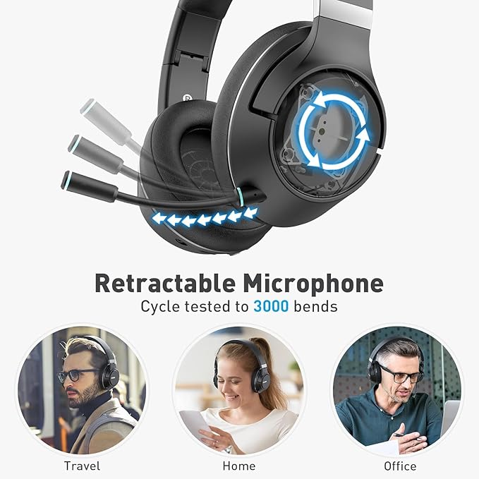 COOSII H300 Wireless Headphones with Microphone, Over Ear Bluetooth Headsets with USB Dongle & Mute, Environmental Noise Cancelling Retractable Mic for Work Office Call Center Laptop Computer (Black)