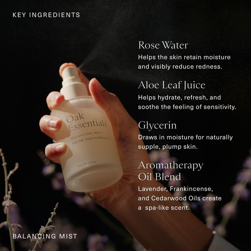 Oak Essentials Balancing Mist, Ultra-Fine Hydrating Toner Spray for Face and Body, Rose Water Face Mist with Aloe and Glycerin, 3.4 Fl Oz
