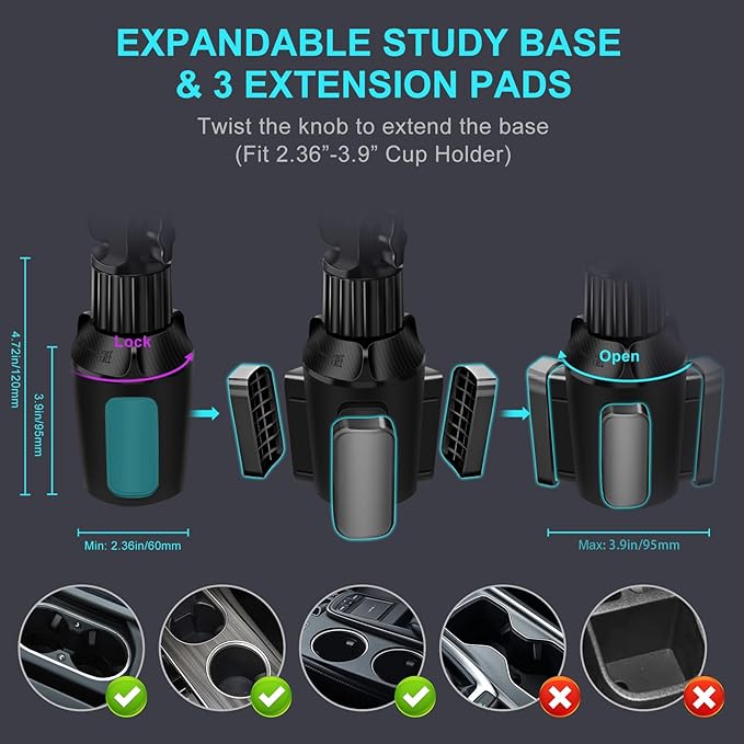 Cup Holder Car Tablet Mount for Truck, 360° Adjustable 15" Long 2-Arm Stand Holder for iPad Pro 12.9/11/10.5/9.7/Air/Mini 6/5/4, Galaxy Tab/Z Fold 6/5/4, iPhone 17/16/Pro, 4.7-12.9" Tab &Phone