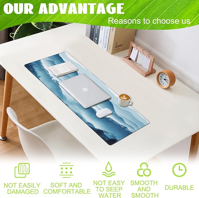 Eflxamz Large Gaming Mouse Pad for Desk,Mountain Desk Mat,Misty Forest Mountains Desk Pad,Extended Big Computer Keyboard Mouse Pad with Non-Slip Base and Stitched Edge,31.5"x11.8"
