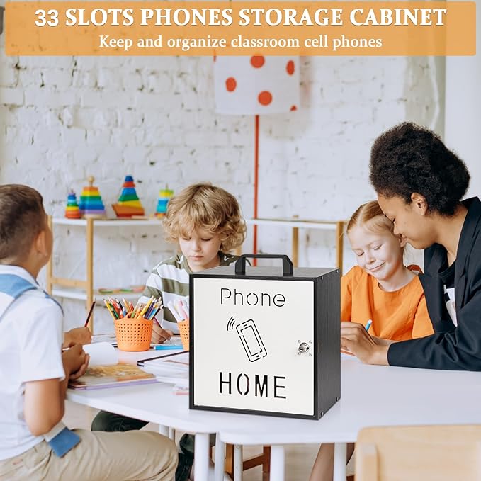 Lzttyee Cell Phone Holder Classroom 33 Slots Wooden Cell Phone Storage Cabinet Pocket Chart with Handle and Security Lock for Classroom Office (33 Grid Cabinet Black)