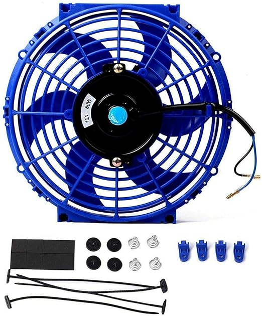 FSBCGT 2PCS 10 inch Slim Fan Push Pull Electric Radiator Cooling 12V 80W Mount Universal Kit Blue