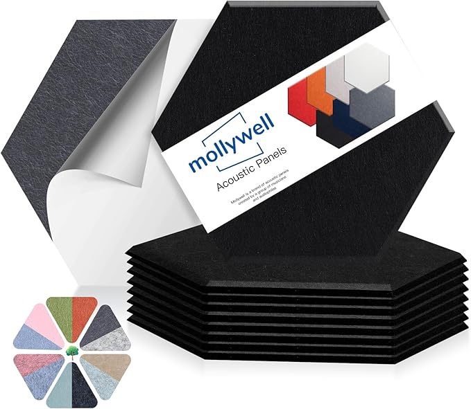 Mollywell Hexagon Acoustic Panels 14x12 - Reduce Echo & Reverb, Noise Blocking Wall Tiles for Gaming Room & Recording Studio, Black Sound Absorbing Panels