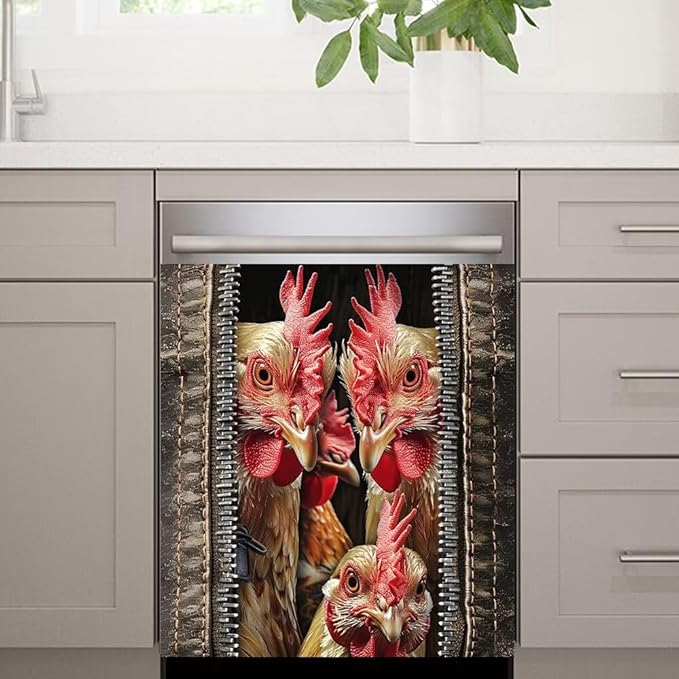 Wood Board and Rooster Pattern Dishwasher Magnet Cover,Fridge,Refrigerator Magnetic Panel Decals,Home Appliances Cabinet Magnets Sticker 23W x 26H inchs
