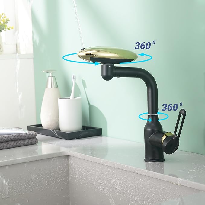 Single Hole Rotatable Bathroom Sink Faucet Black and Gold - 4 Water Modes Multifunctional Faucet with 360° Swivel, Extended Spout & Fountain Mode