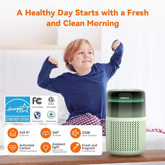 AIRROMI HEPA Air Purifier for Bedroom&Home,Pet Air Purifier for Home Pets,Removes Pet Odor,Cat Litter Smell,Dust,Smoke&Allergies,Quiet Room Air Purifier with Scents,360°Air Cleaner,A2005 Green