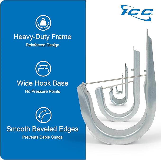 ICC 3/4-Inch Wall Mount J-Hook – 25-Pack, Cable Support 3/4" J Hooks Without Retainer Clips, Galvanized Steel with Zinc Finish – for Structured Cabling and Cable Management