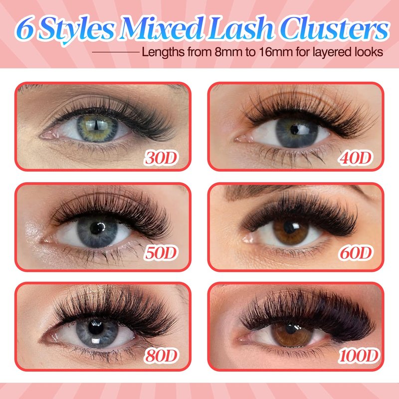 NovaBeryl Lash Clusters Kit–708PCS DIY Eyelash Extension Kit with Bond & Seal, C Curl 30D–100D 0.07mm Soft Individual Cluster Lashes for Natural, Fluffy & Volume Looks (TWEEZERS)