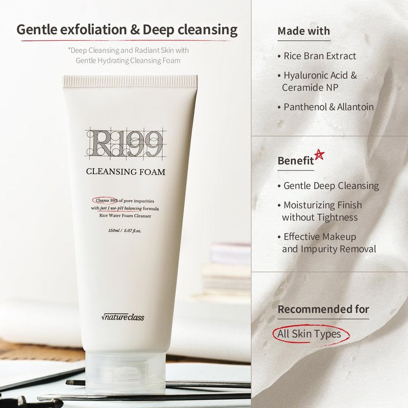 NATURECLASS R199 Rice Enzyme Cleansing Foam – Deep Cleanser for Sensitive Skin, Blackhead & Pore Care, Double Cleansing, Aloe & Hyaluronic Acid, Korean Skin Care, Fragrance Free, 5.07 fl oz
