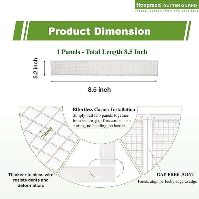 5 Inch Gutter Guard - Heavy Duty 100% Stainless Steel High-Flow Leaf Screen for Debris, Clog & Overflow Protection - Fits K-Style & Half-Round, Screws Included (1 Panels, 5in x 8.5in)