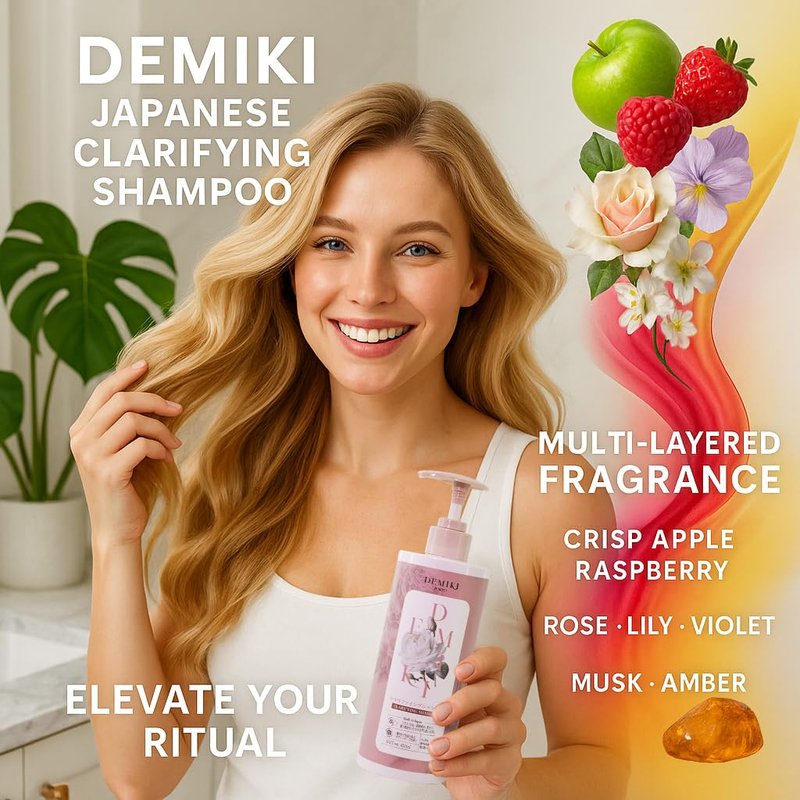 DEMIKI Japanese Shampoo for Women,Anti-Dandruff with Keratin,Clarifying Shampoo for Oily Hair,Sulfate Free,Rose Scent,Volumizing,hair care,Repairs,Strengthens,Nourishes and Softens,450ml 16fl oz