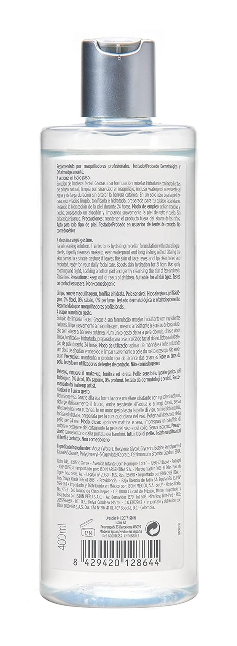 ISDIN Micellar 4-in-1 Facial Cleansing Water - Hydrating Toner & Makeup Remover for Sensitive Skin | 13.5 FL OZ