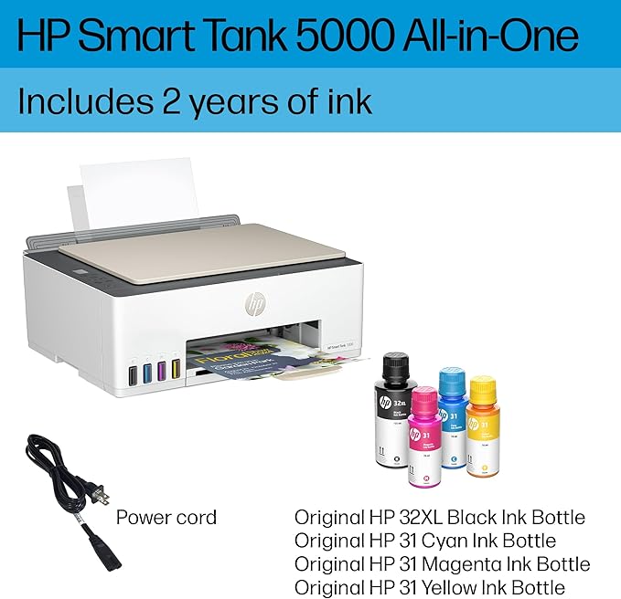 HP Smart Tank 5000 Wireless All-in-One Ink Tank Printer, Scanner, Copier with 2 Years of Ink Included, Best-for-Home, Cartridge-Free, Refillable and AI-Enabled. (5D1B6A)