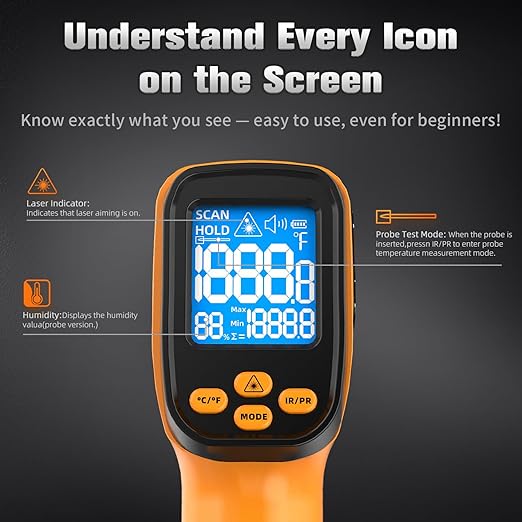 Surpeer Infrared Thermometer Temperature Gun, Non-Contact Digital Laser Temp -58°F to 1472°F, K-Type Probe -58°F to 572°F, for Cooking, Pizza Oven, BBQ, HVAC, Home & Industrial