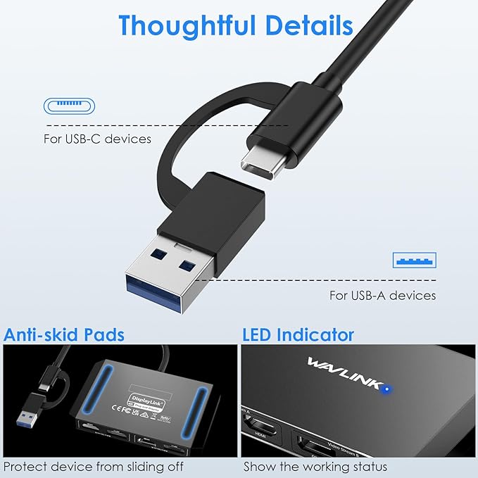 WAVLINK USB C or USB 3.0 to Dual HDMI/DisplayPort Adapter, Displaylink Monitor Splitter Extended Display for Dual Monitor 4K@60Hz, HDMI/DP Splitter Compatible with Mac M1-M5/Neo,Window Laptop-Black
