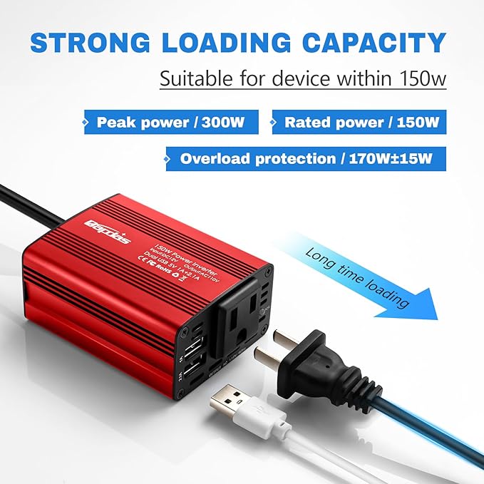 Bapdas 150W Power Inverter 12v to 110v Car Adapter Outlet to Wall Plug with 3.1A Dual USB