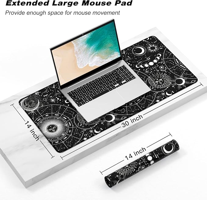 Atufsuat Extended Gaming Mouse Pad, XXL Large Desk Pad 30 x 14 Inch, Big Computer Keyboard Mousepad, Waterproof Mouse Mat with Stitched Edges and Non-Slip Base for Women Office Gaming, Sun Moon