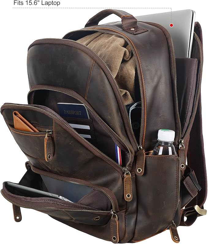 TIDING Leather Laptop Travel Backpack for Men Fits 15.6" 16" Computer, Large Business Work Bag Vintage Overnight Weekender Daypack Camping Rucksack