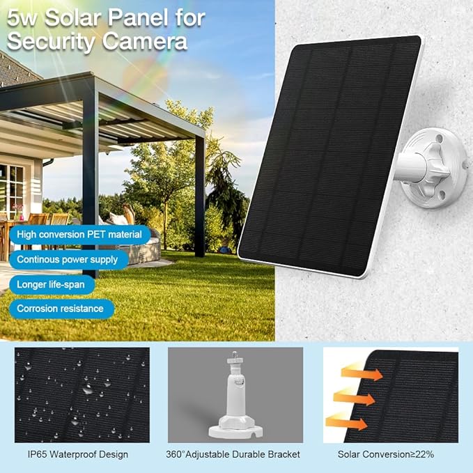 Solar Panel for Security Camera,5W USB Solar Panel for Cameras DC 5V,Camera Solar Panel Charger Micro USB & USB-C & DC,IP65 Waterproof Solar Panels with 9.8ft Cable,Adjustable Security Mount(2 Pack)