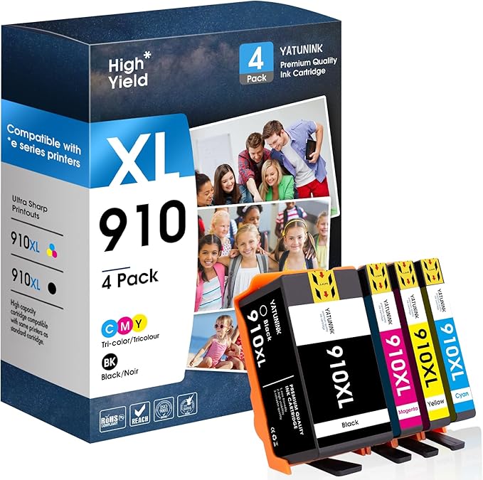 YATUNINK 910XL Ink Cartridges Combo Pack Compatible for HP 910 XL Works with HP OfficeJet 8010e 8012e 8014e 8015e 80188022e OfficeJet Pro 8020e 8024e 8025e 8028e 8035e (4Pack)