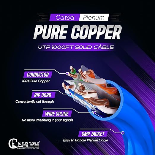 Newyork Cables | Cat6a Plenum Ethernet Cable 1000ft Certified 100% Solid Pure Copper 23 AWG, 10Gbps, 750MHz, PoE++ (4PPoE, up to 90 W) | High-Performance Cat 6a Cable for High Speed Networking
