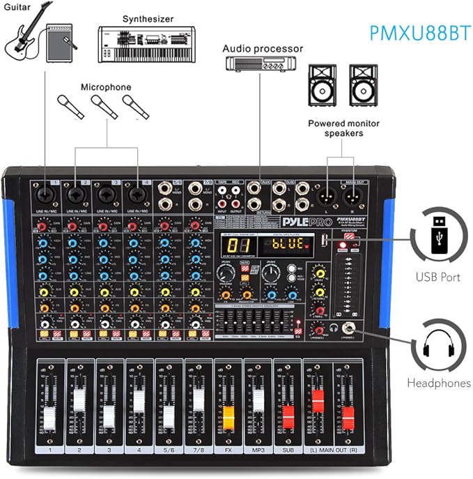 Pyle 8-Channel Console Style Audio Mixer with Bluetooth - DJ Sound Controller, 4 XLR / Combo Inputs, Sub Out, +48V Phantom, USB-A In, 16 DSP Effects, MP3 Player, 7-Band EQ - PMXU88BT