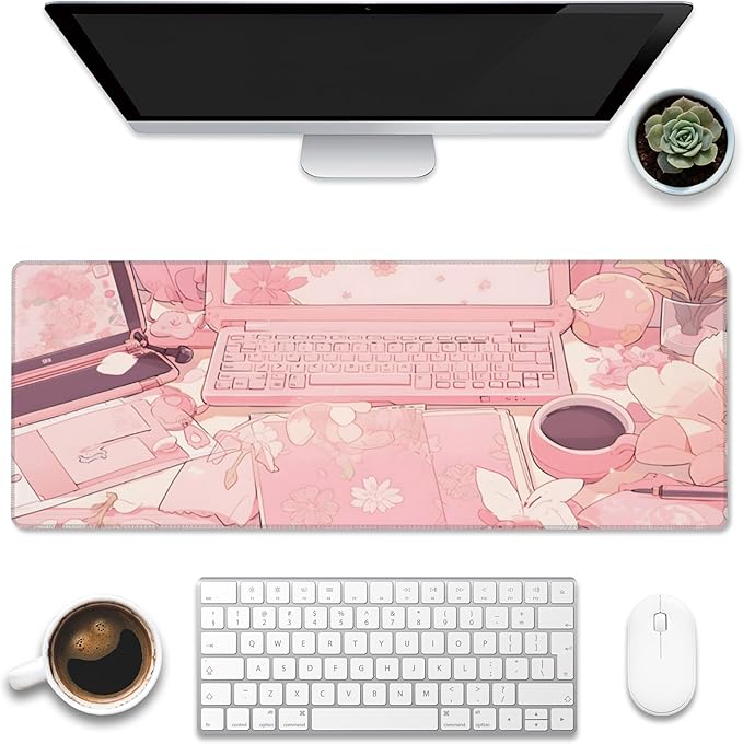 Eflxamz Large Gaming Mouse Pad for Desk,Pink Kawaii Anime Girl Desk Desk Mat,Kawaii Anime Desktop Desk Pad,Extended Big Computer Keyboard Mouse Pad with Non-Slip Base and Stitched Edge,31.5"x11.8"
