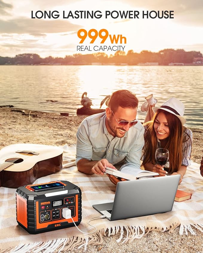 EBL Portable Power Station 1000W, 999Wh Solar Generator 2000W Peak, AC/Wireless Charging/60W USB-C Output, Lithium Battery for Emergency, Home Backup, Camping, RV, Off-Grid Living