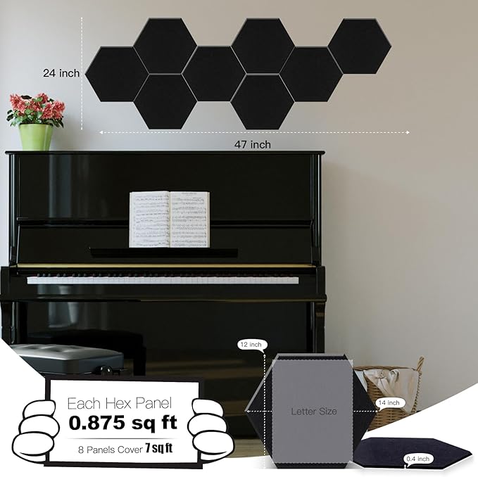 Mollywell Hexagon Acoustic Panels 14x12 - Reduce Echo & Reverb, Noise Blocking Wall Tiles for Gaming Room & Recording Studio, Black Sound Absorbing Panels