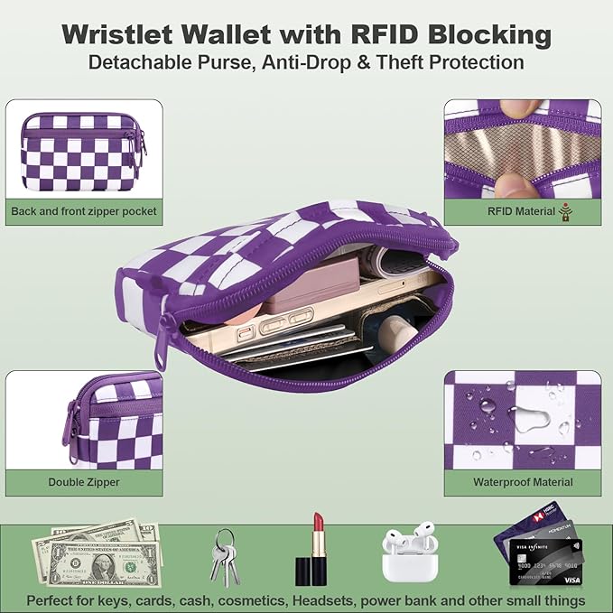 YFWE Clip and Go Strap for Phone with Wallet Crossbody, Adjustable Phone Lanyard with Detachable RFID Wristlet Wallet, Phone Strap with Phone Tabs for All Phones, Purple Checkered (M)