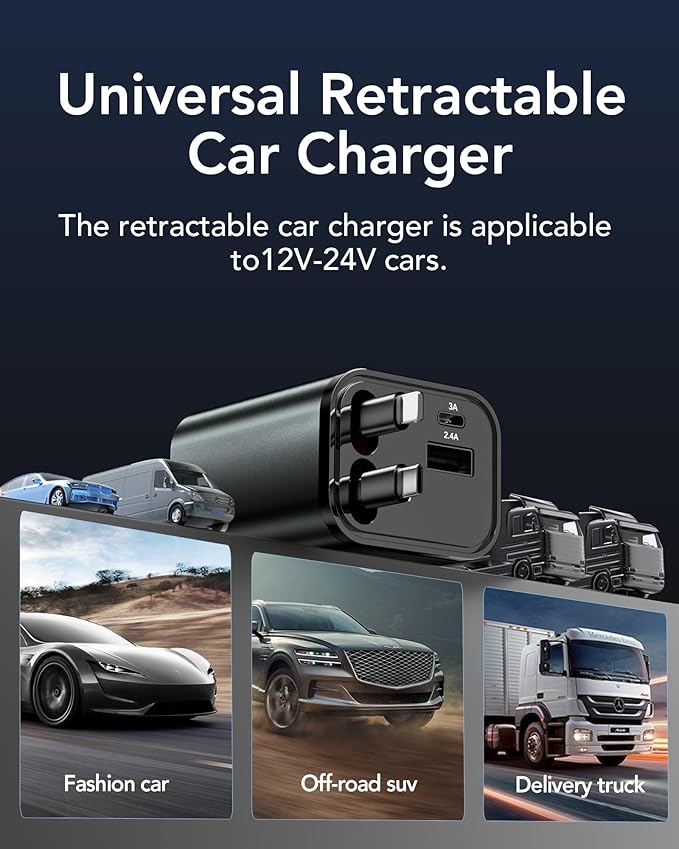 Retractable Car Charger,Car Phone Charger USB C Fast Charge,Cigarette Lighter USB Charger Car Accessories for Women,Road Trip Essentials Gift for Men,Car Charger for iPhone 17/16/15,Galaxy S26,Pixel