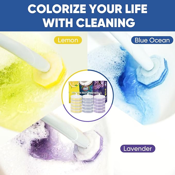 120Ct Aromative Toilet Brush Refills, Toilet Bowl Cleaner Refills, Double-Layer Cleaning Pads Added, Disposable Refill Heads for Toilet Bowl Cleaner Wands，Lemon, Blue Ocean, Lavender （Patented）