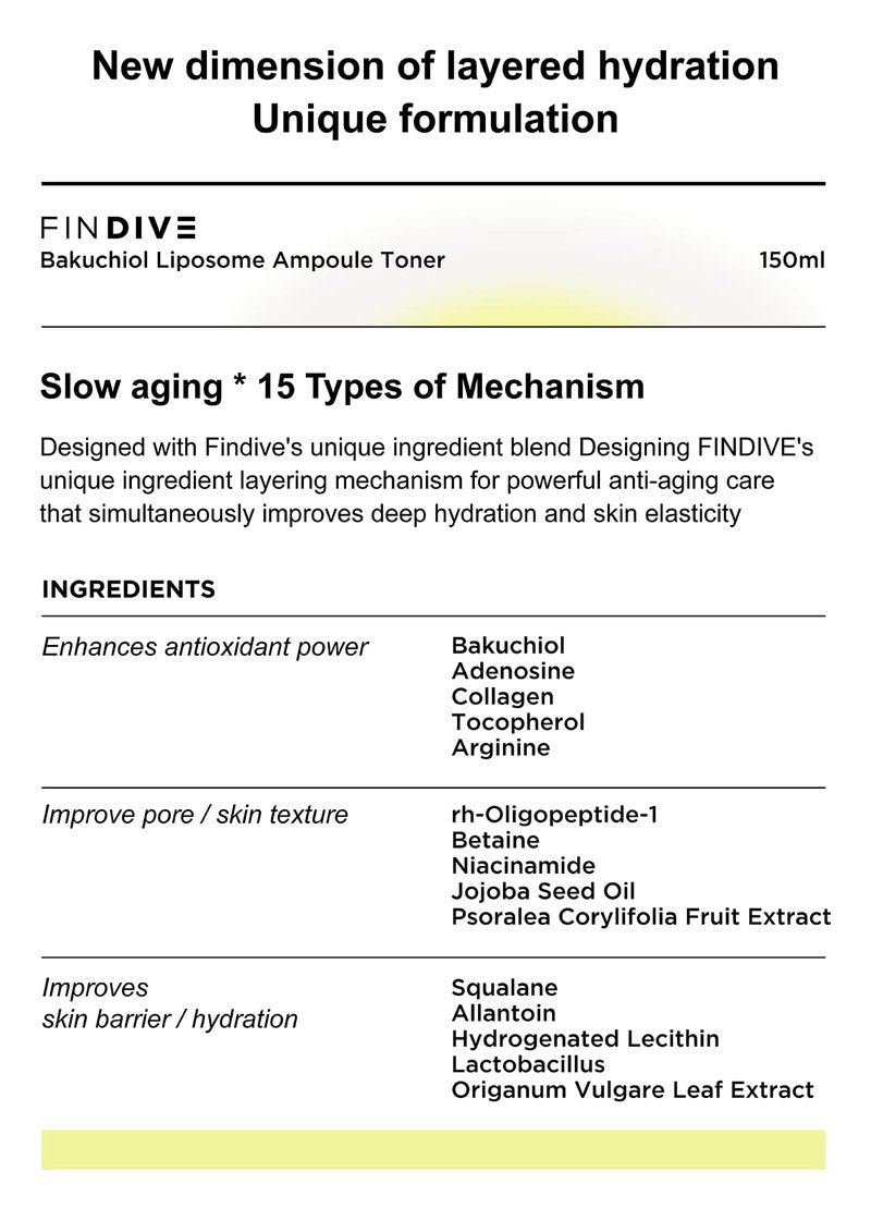 FINDIVE Official Bakuchiol Liposome Ampoule Toner, Bakuchiol, Plan-Based Retinal Alternative, Liposomal Squalane1%, Allantoin, Anti Wrinkle Toner, Korean Skincare 5.07fl.oz
