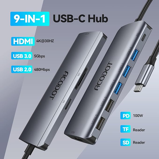 USB C Hub, Acodot 9-in-1 USB C Dongle, All-in-One USB C Hub Multiport Adapter with 3 x USB 3.0 ports, 4K HDMI, 100W Power Delivery, MicroSD/SD Card Reader for MacBook Air, MacBook Pro, XPS
