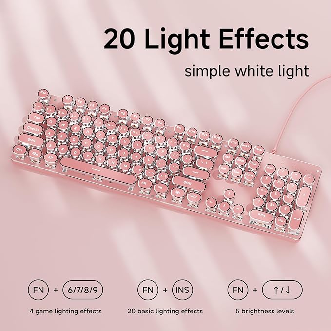 SEUNKWANG Typewriter Style Mechanical Gaming Keyboard with White Backlit, Wired Retro Punk Computer Keyboard Durable Metal Panel, Clicky Blue Switch, Round Keycaps, Full-Size for PC/Desktop/Win, Pink