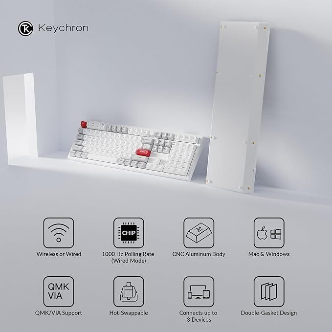 Keychron Q6 Pro Full Aluminum RGB Wireless/Wired Custom Mechanical Keyboard, Full-Size QMK/VIA Programmable Knob KSA Double-Shot PBT Keycaps Hot-Swappable Red Switch, Mac Windows Linux-White